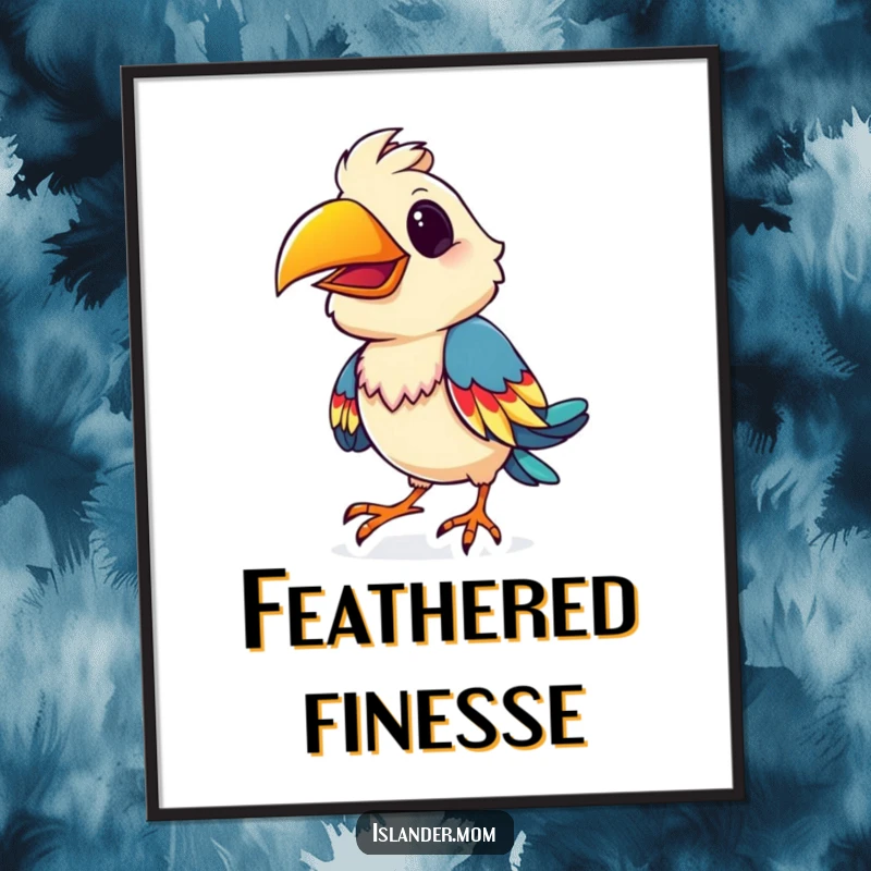 Funny playful bird poster, depicting a bird doing a lively, colorful shimmy, perfect for vibrant and cheerful wall decor.