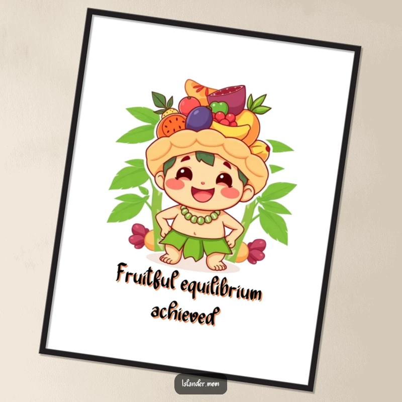 Funny poster of a cute islander character smiling broadly while balancing a stack of fruit on its head, bringing playful island humor.