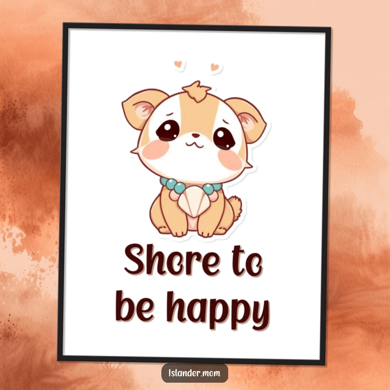 Funny animal character with a dreamy gaze upwards, wearing a seashell necklace, a humorous and artistic poster for wall decor.