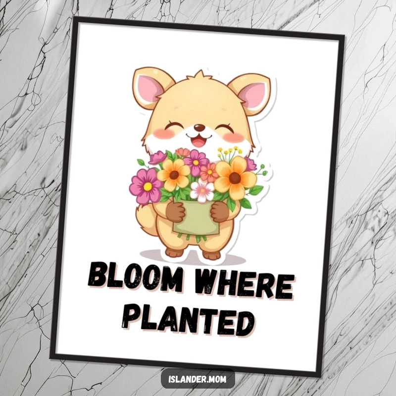 Funny animal character giggling while offering a bouquet of colorful flowers, a humorous and uplifting poster for wall decor.