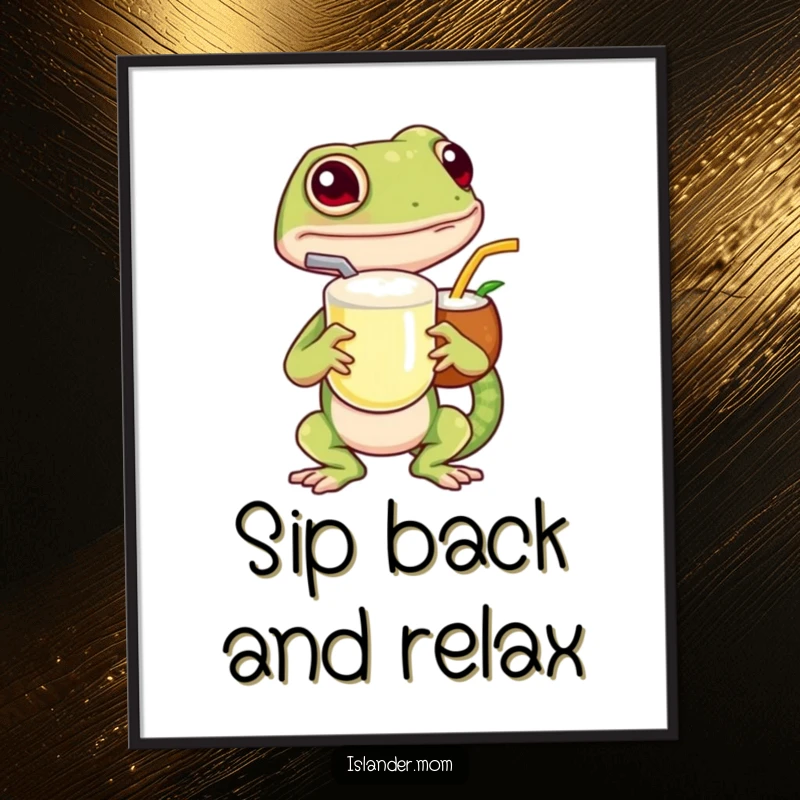 Funny island gecko poster, showcasing a happy gecko with a coconut drink and straw, evoking a relaxed tropical atmosphere.
