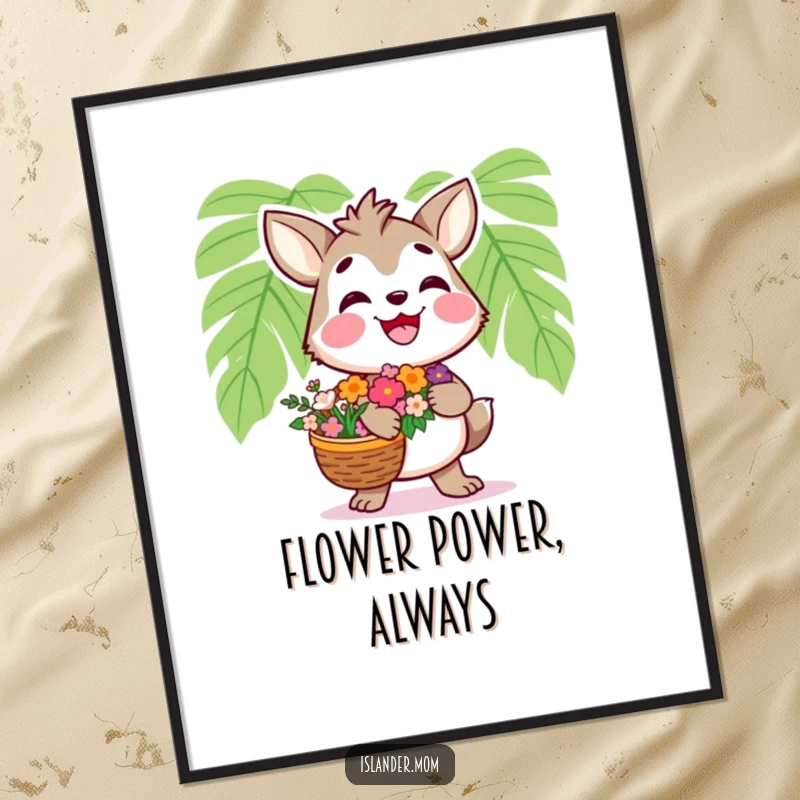 Funny Islander Animal Poster: Wall art of a smiling islander character with a flower basket, tropical and funny gift.