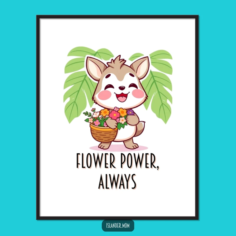 Funny Islander Animal Poster: Tropical Flower Basket Art, Perfect Humorous Decor