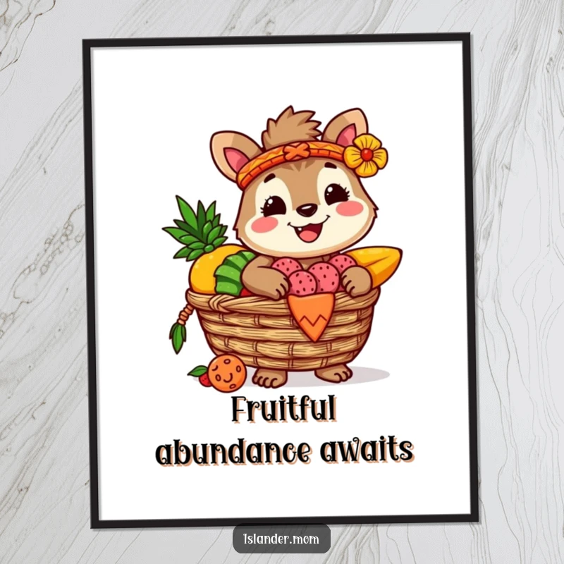 Funny poster art of a smiling islander animal character presenting a woven basket overflowing with luscious tropical fruits, bringing island joy to walls.