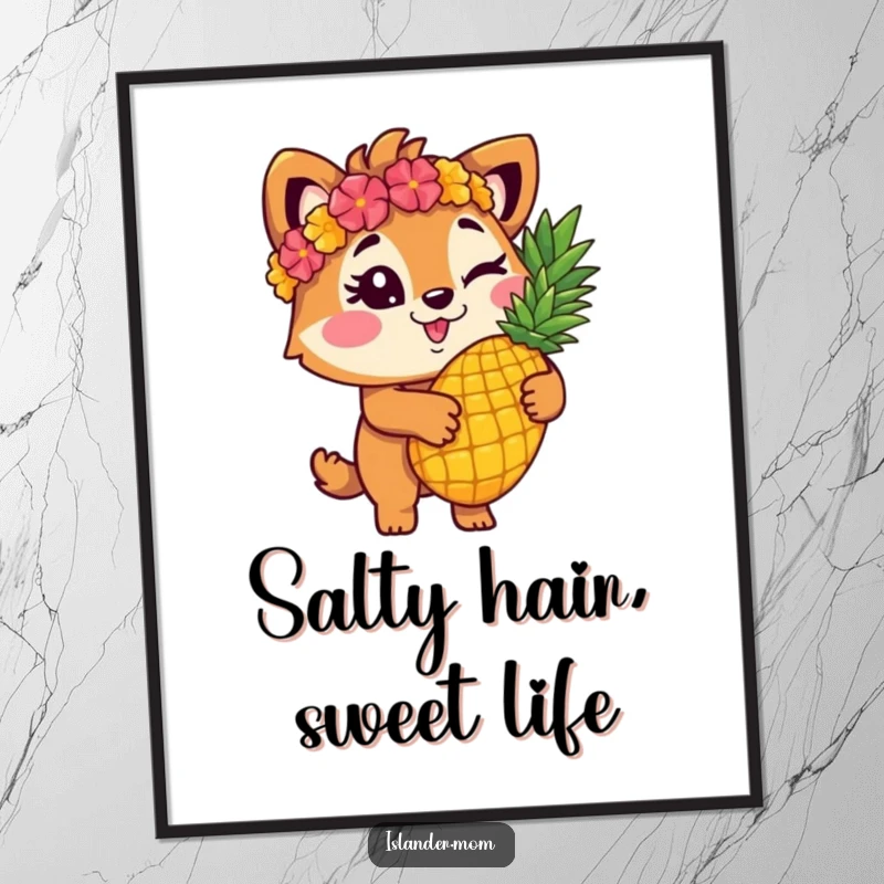 Funny islander animal character winking playfully while holding a ripe pineapple, presented as vibrant tropical wall art.