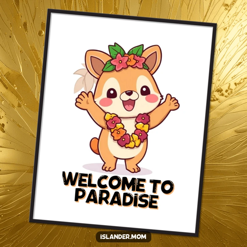 Funny poster showcasing an islander animal character extending a colorful lei in a welcoming gesture, bringing island vibes.