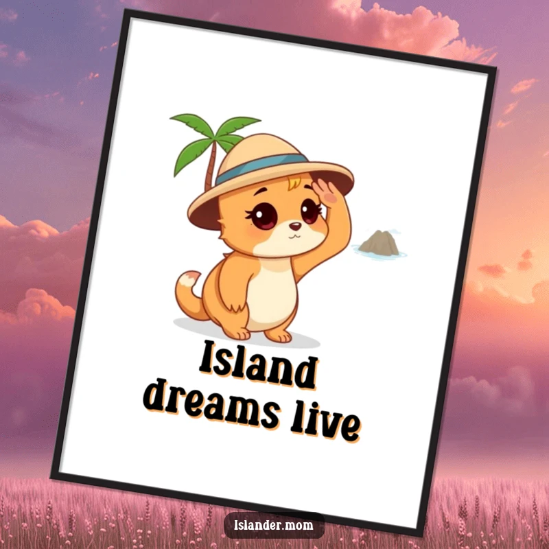 Funny Islander Mom Poster, humorous artwork of an islander mom shading her eyes while looking towards a distant island, perfect wall decor.