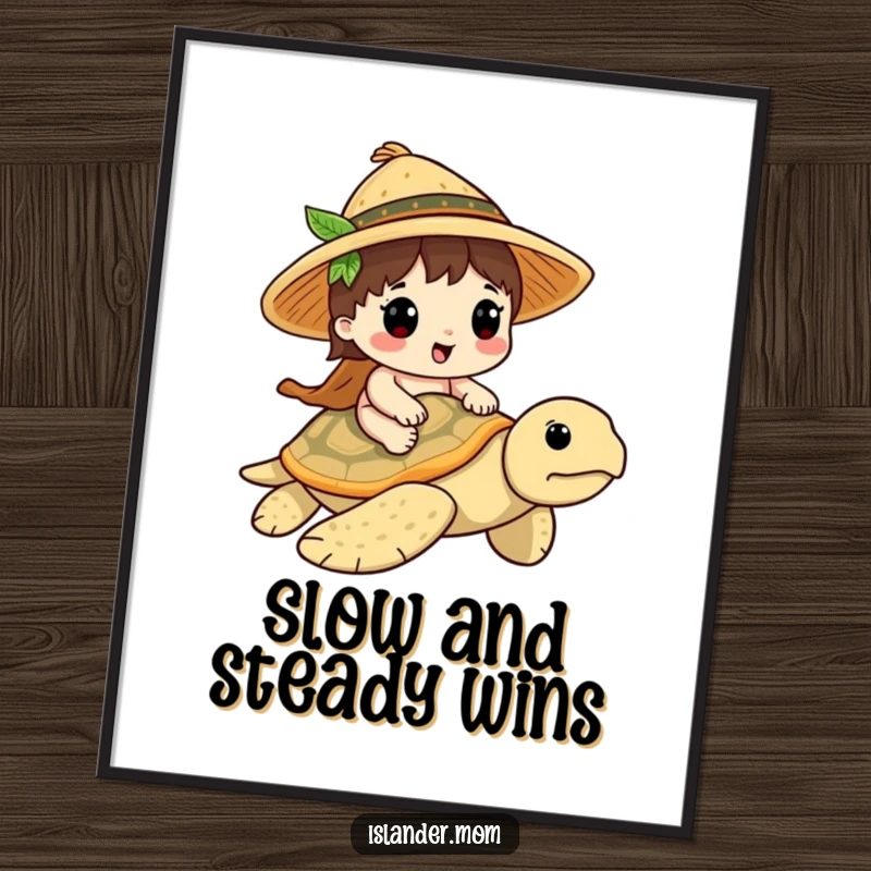 Funny Islander Turtle Rider Poster: Wall art of an islander character riding a friendly sea turtle, tropical and funny gift.