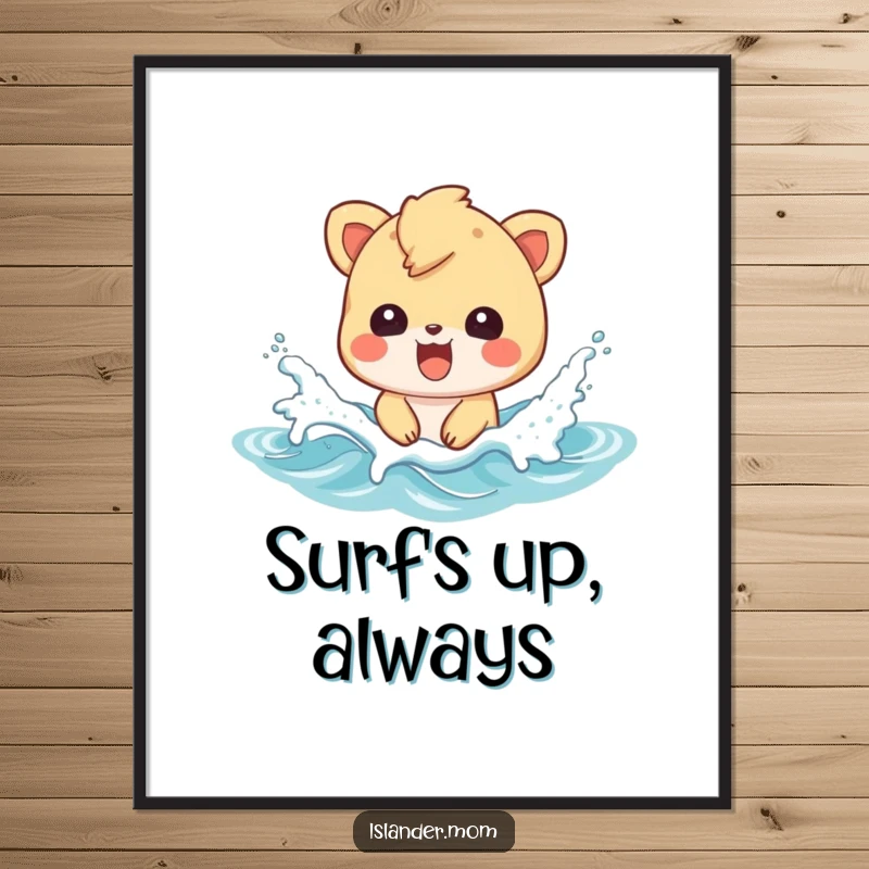 Funny poster showcasing an islander animal character joyfully splashing in ocean waves, bringing seaside energy.
