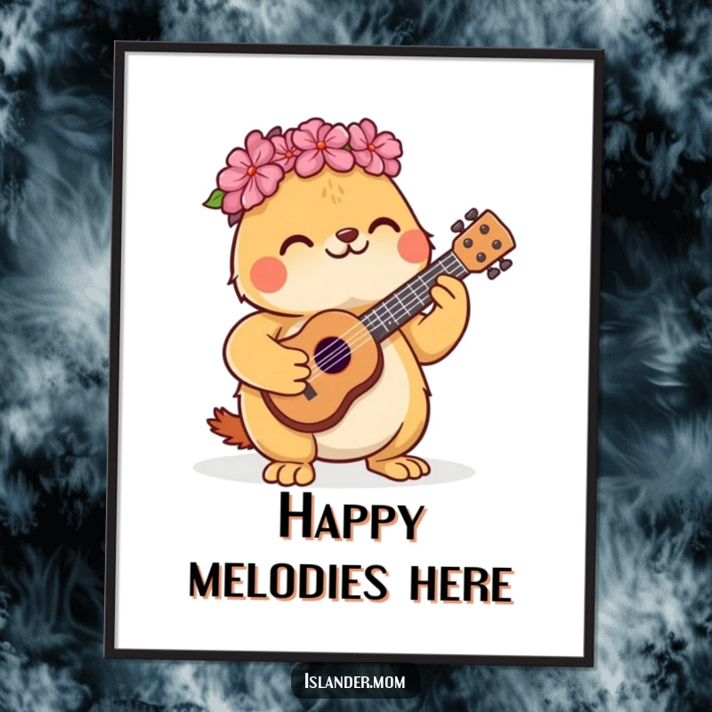 Funny poster of a cute kawaii islander animal contentedly strumming a miniature ukulele against a tropical backdrop.