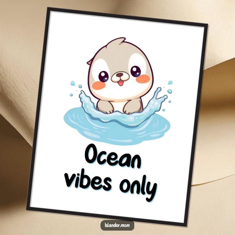 Funny poster depicting a cute kawaii islander animal exuberantly splashing in serene, glittering ocean waves.