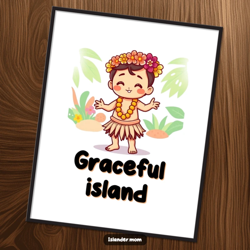 Funny poster of a cute Kawaii islander character performing a graceful hula dance, adding tropical charm and humor to walls.