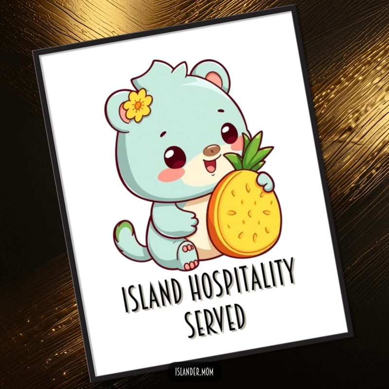 Funny Poster: Artistic print of a kawaii islander animal offering pineapple, adding tropical cheer and humor to decor.