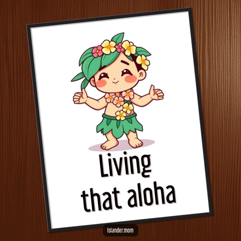 Funny Kawaii islander poster showcasing a character with a flower lei, dancing joyfully, hands free.