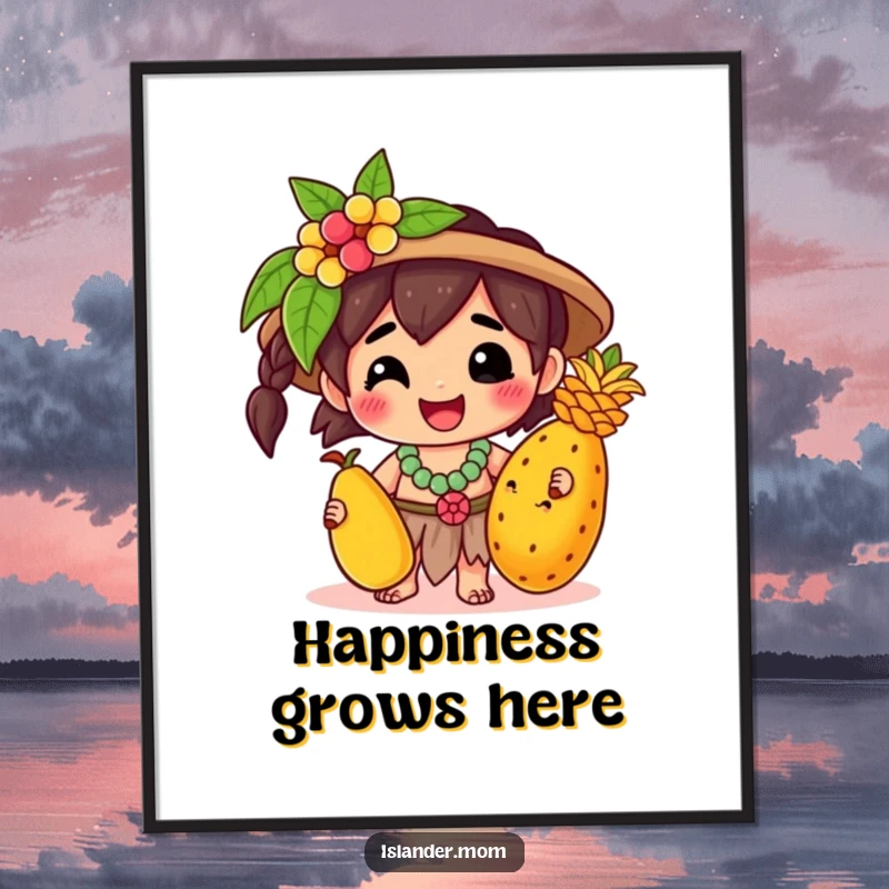 Funny Poster: A happy kawaii islander character holds a vibrant tropical fruit, beaming with joy against a bright, sunny background.