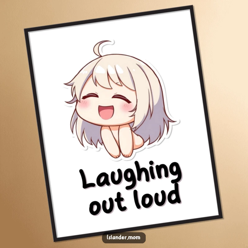 Funny wall art poster of a character laughing with eyes closed and head tilted back, conveying pure, contagious happiness and amusement.