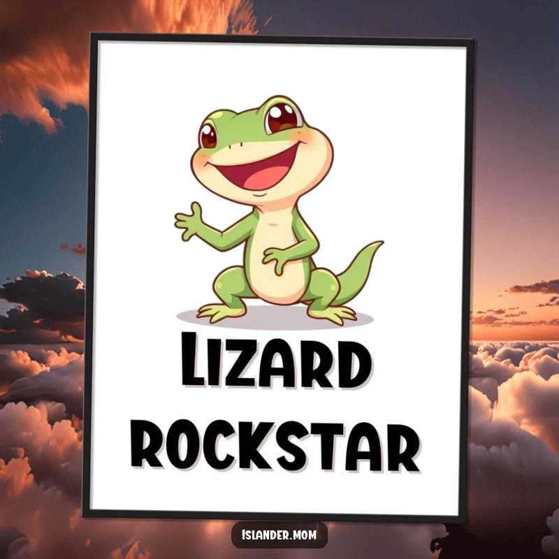 Funny Lizard Poster: A giggling lizard performs a silly shimmy with a huge grin, capturing a moment of pure, uninhibited fun.