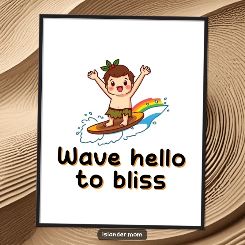 Funny kawaii islander graphic art surfing a vivid rainbow wave, arms raised in a gesture of pure, infectious glee.