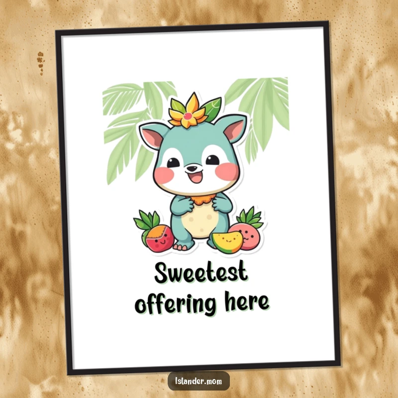 Funny poster featuring a welcoming island animal character offering a vibrant tropical fruit, perfect for adding cheer.