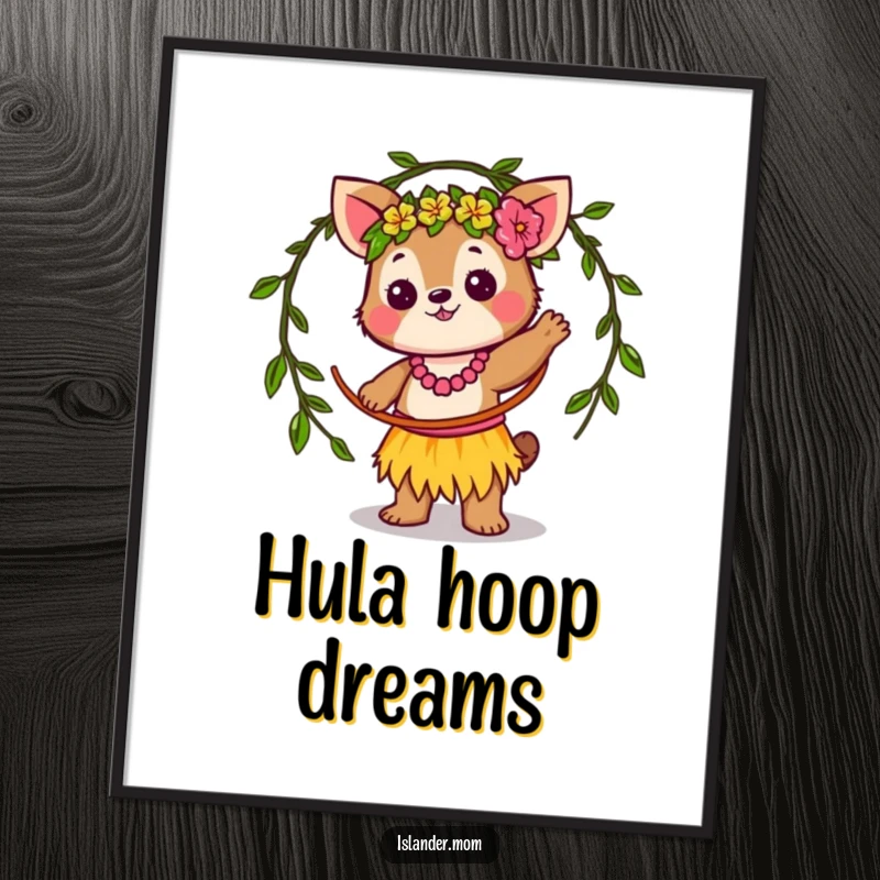 Funny Poster: Whimsical kawaii islander animal character perfectly twirling a vine hula hoop, capturing pure tropical joy and movement.