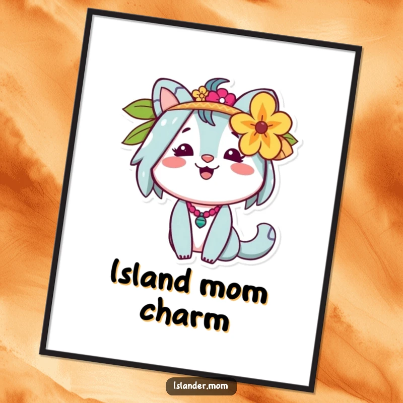 Funny Islander Mom Poster featuring a cheerful animal figure with a flower behind her ear, embodying island beauty.