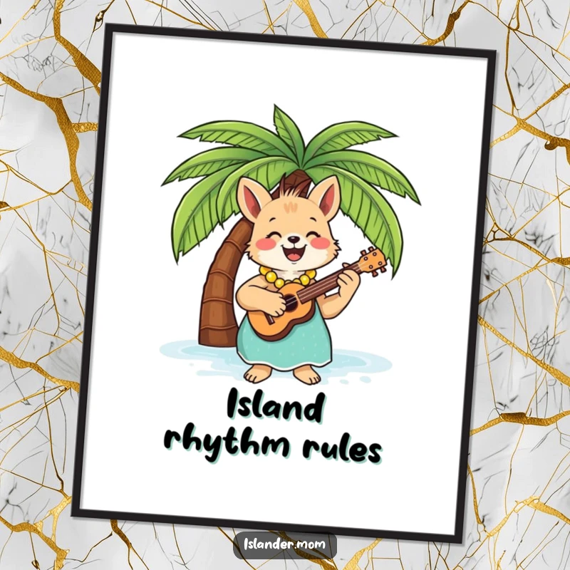 Funny Poster showcasing an islander mom animal peacefully playing a ukulele beneath a tropical palm tree, evoking serenity.
