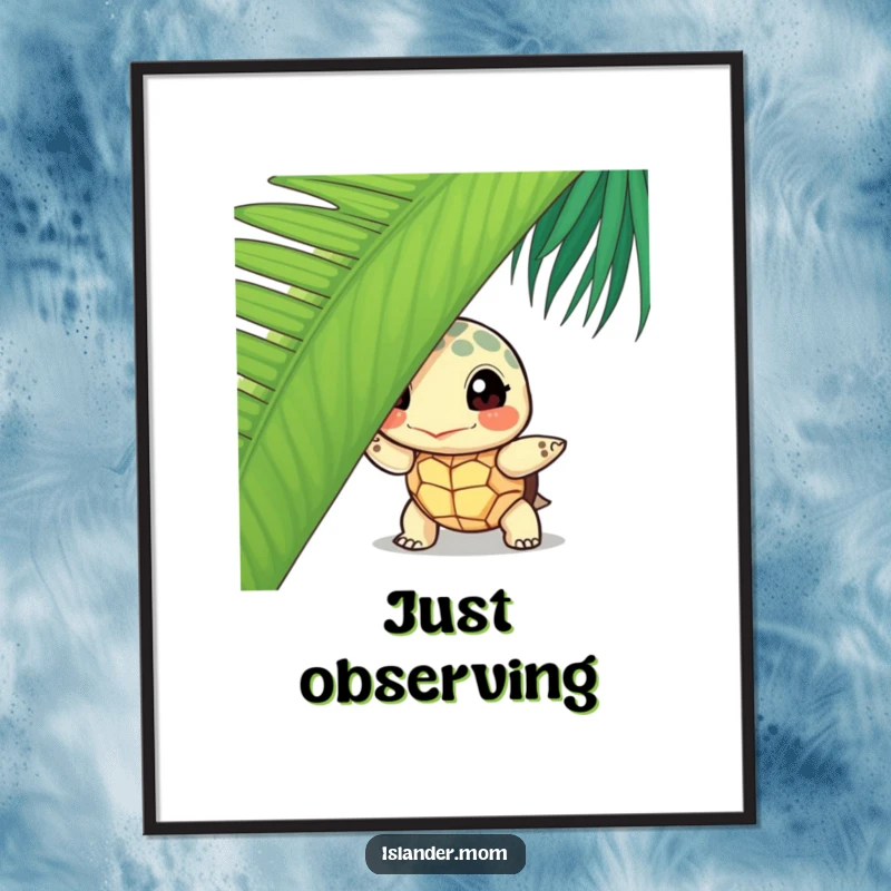 Funny curious turtle poster, depicting a turtle peeking from behind a lush palm leaf, evoking a sense of peaceful discovery.