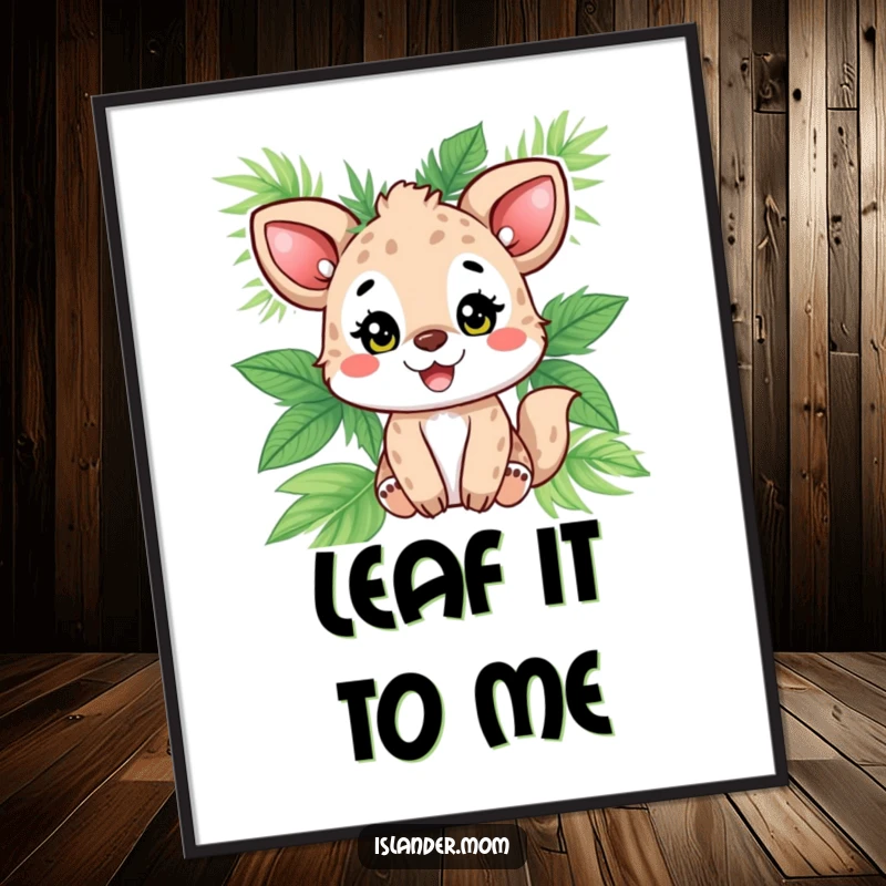 Funny animal character adorned with green palm leaves, beaming brightly, a humorous tropical poster perfect for adding cheerful wall decor.