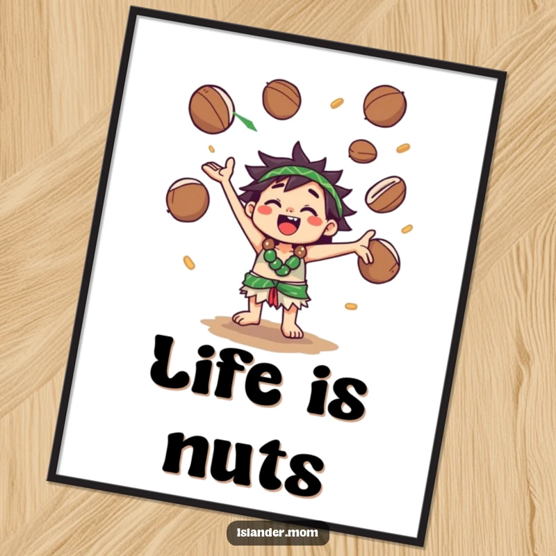 Funny Poster: A kawaii islander character is depicted joyfully juggling multiple coconuts mid-air, full of energy and island charm.