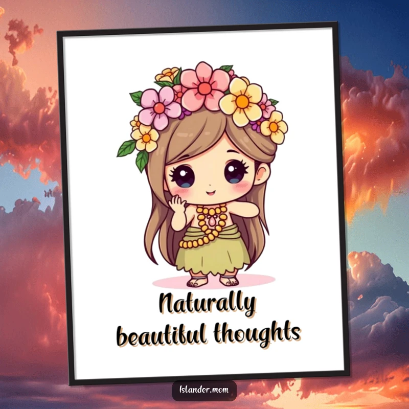 Funny kawaii islander character depicted with intense focus, weaving a beautiful flower crown, presented on an artistic poster.