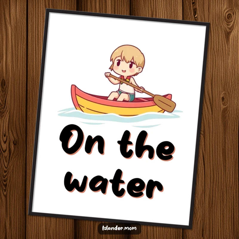 Funny wall art poster of a character joyfully paddling a small outrigger canoe on calm waters, evoking peace and adventure.