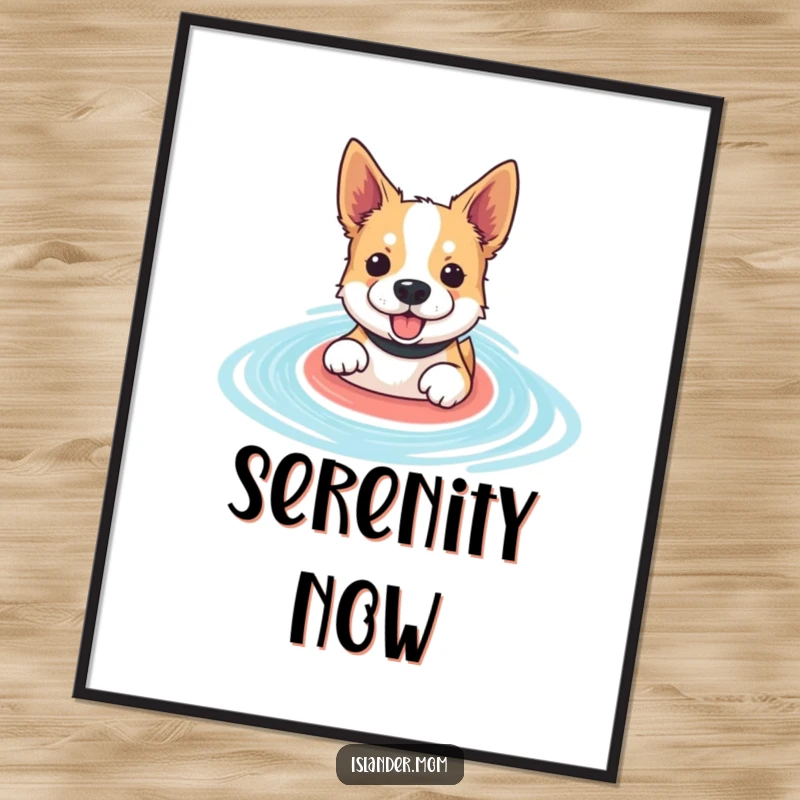 Funny paddling dog poster showing an enthusiastic dog swimming in a serene blue lagoon, perfect for beach-themed decor.