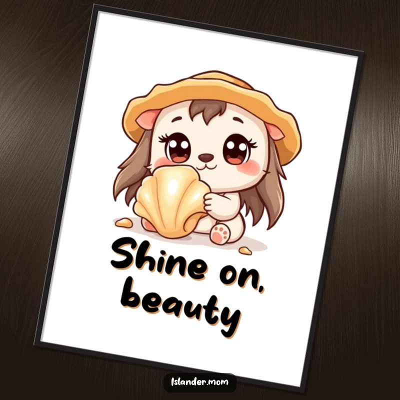Funny poster of a cute kawaii islander animal with wide eyes, captivated by a glittering seashell.
