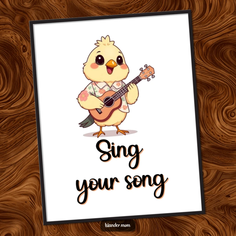 Funny Mama Bird Ukulele Poster: A mama bird in a floral shirt joyfully plays a small ukulele.