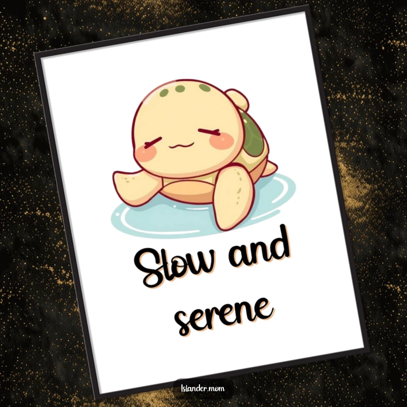 Funny Sea Turtle Poster: A happy sea turtle floats with eyes closed on its back, embodying peace and relaxation in calm water.