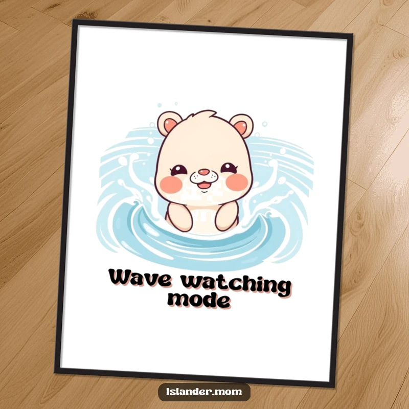 Funny Poster showcasing an islander mom animal having a blast splashing in gentle ocean waves, capturing pure beach joy.