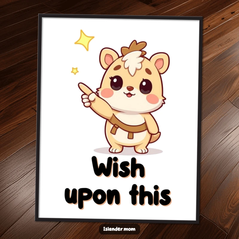 Funny Poster: Whimsical kawaii islander animal character intently pointing at a shining star, capturing a moment of pure curiosity.