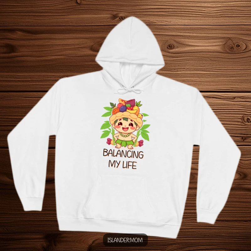 Funny hoodie depicting a cute islander character smiling broadly while balancing a stack of fruit on its head, perfect for cozy humor.