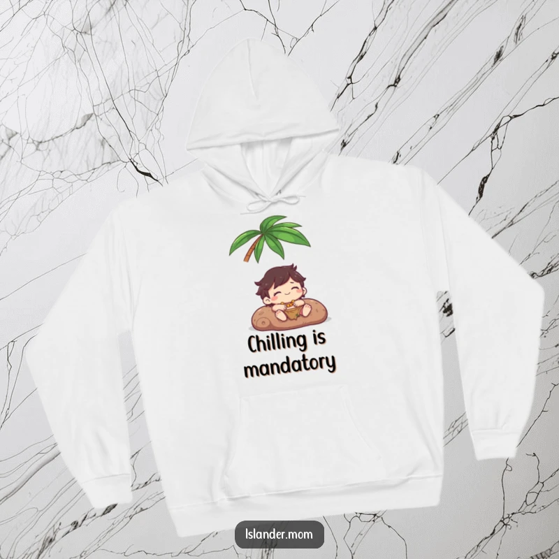 Funny Hoodie: A happy kawaii islander character relaxes under a palm tree, offering warmth and a sense of blissful calm.