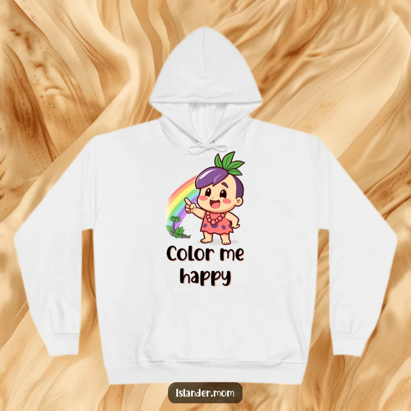 Funny Hoodie showing a happy islander character pointing at a bright rainbow, perfect for cozying up with a sense of adventure.