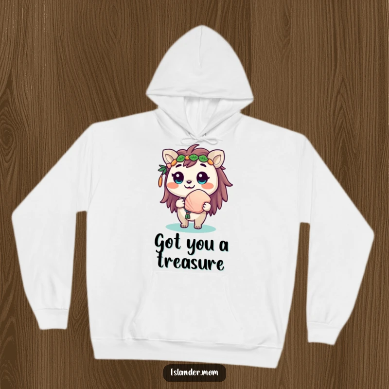 Funny hoodie featuring a cute islander animal character with a beaming smile, offering a seashell with warmth.