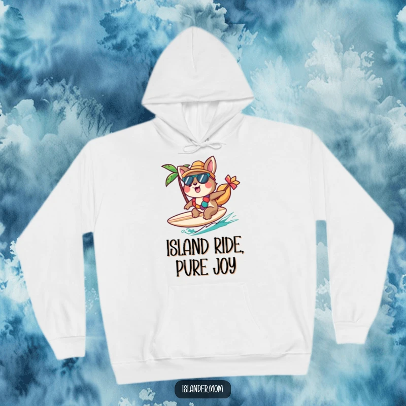 Funny Islander Animal Hoodie featuring a character cheerfully riding a small surfboard, perfect for cozy beach vibes, a funny gift.