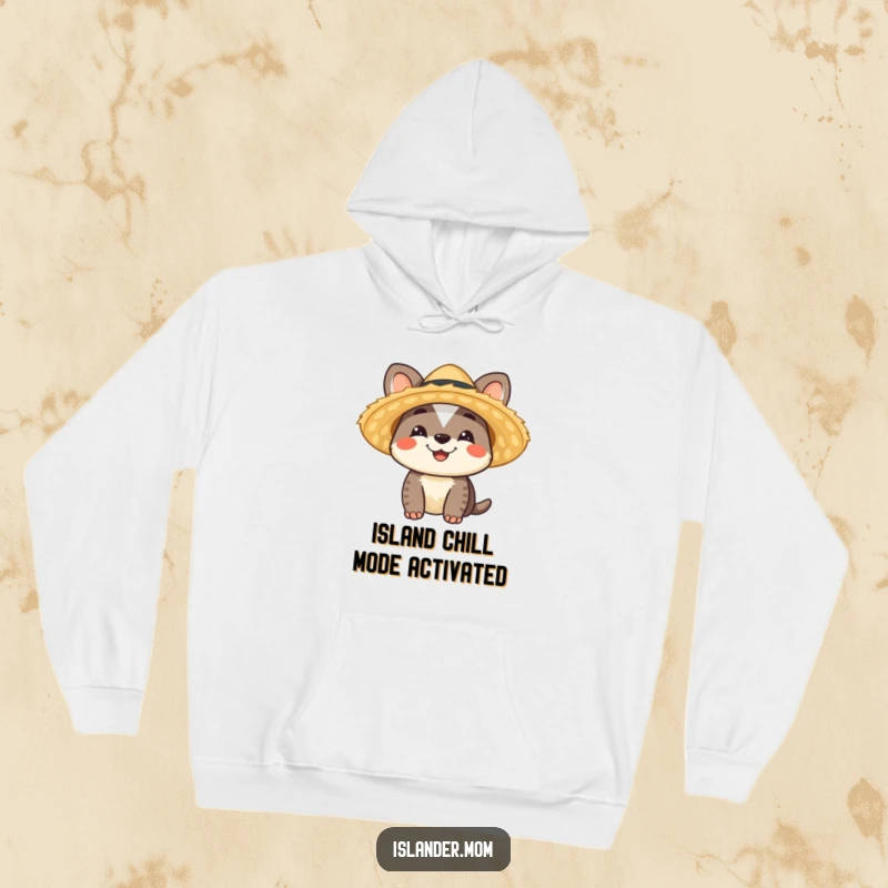 Funny Islander Animal Hoodie featuring a smiling islander character in a straw hat, perfect for cozy, warm, funny gift.
