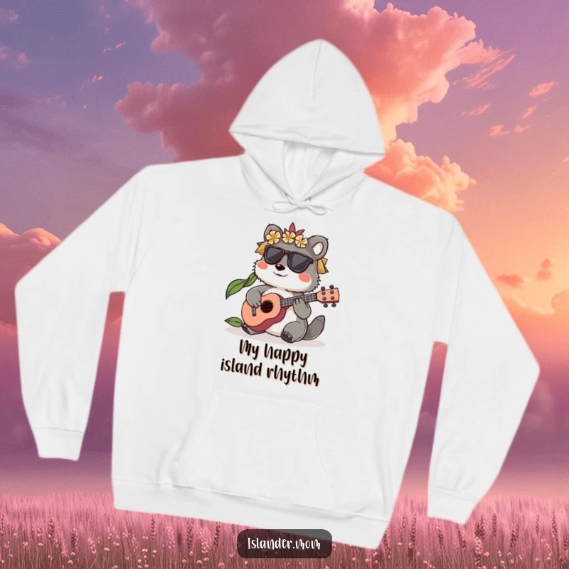 Funny Islander Animal Hoodie featuring a character playing a small ukulele, perfect for warm, musical, funny gift.