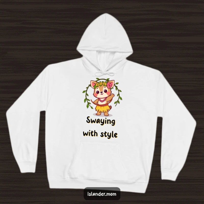 Funny Hoodie: Cute kawaii islander animal character energetically twirling a vine hula hoop, radiating tropical happiness and warmth.