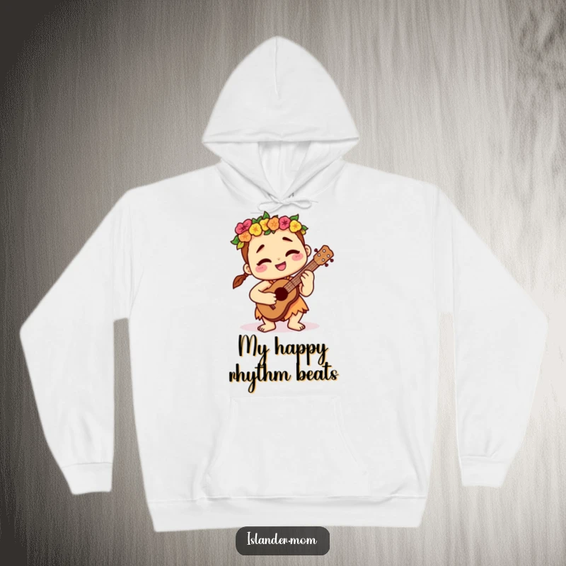 Funny kawaii islander character in a hoodie, contentedly playing a ukulele, perfect for cozying up with island music.