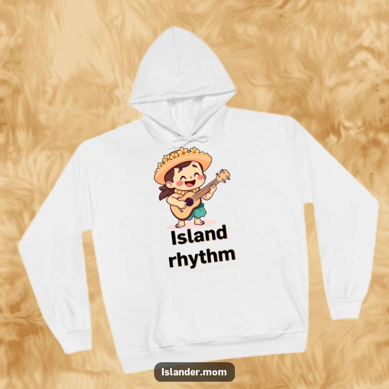 Funny Hoodie featuring a smiling islander playing a ukulele, perfect for staying warm while enjoying happy island music.