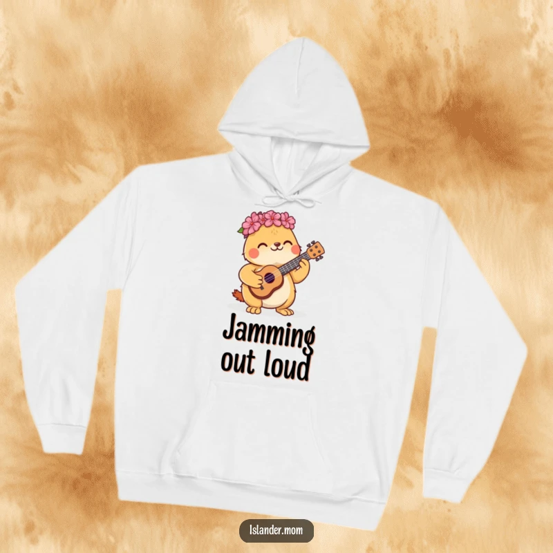 Funny hoodie showing a cute kawaii islander animal contentedly strumming a miniature ukulele.