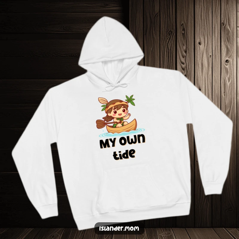 Funny Hoodie: A happy kawaii islander character paddles a canoe, offering warmth and a touch of cheerful adventure.