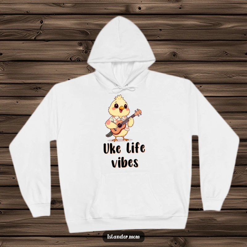 Funny Mama Bird Hoodie: A mama bird in a floral shirt happily plays a small ukulele.
